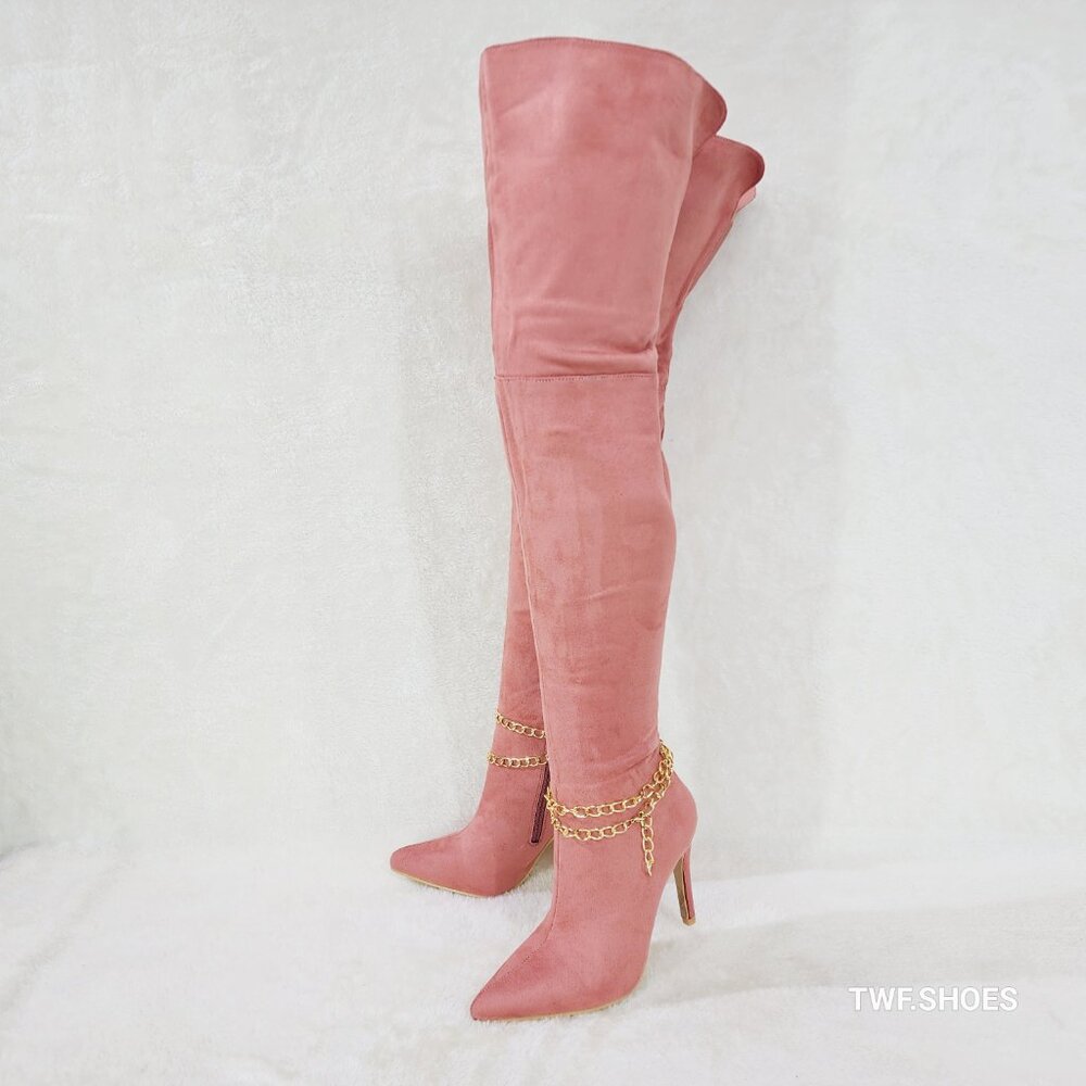 Bad Girlz Dusty Rose Blush Pink Faux Suede Wide Top Thigh High Boots Chain - Picture 8 of 14